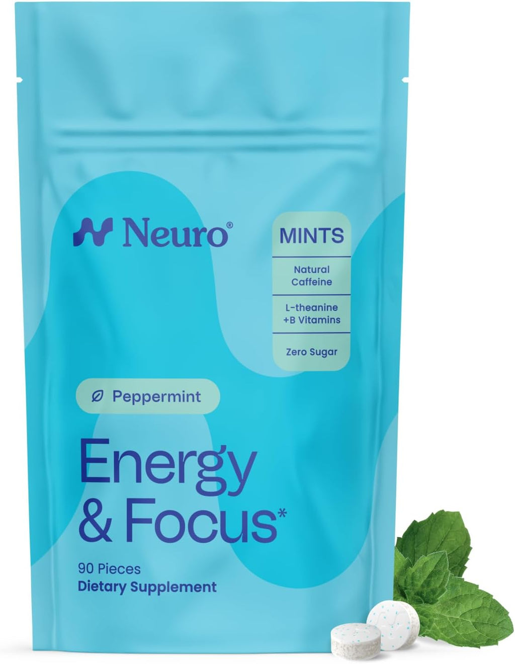 Neuro Peppermint Energy & Focus Gum/Mints (90 Pieces) - Sugar Free with Natural Caffeine, L-theanine, Vitamin B12 & Vitamin B6