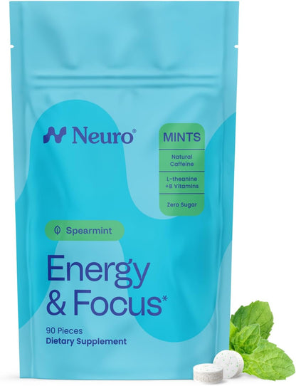 Neuro Peppermint Energy & Focus Gum/Mints (90 Pieces) - Sugar Free with Natural Caffeine, L-theanine, Vitamin B12 & Vitamin B6
