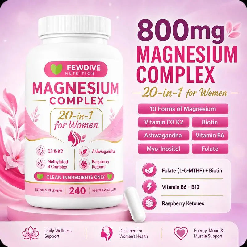 FEWDIVE Magnesium Complex for Women, 240 Vegetarian Capsules | 20-in-1 Formula - Magnesium Blend with Vitamin D3, K2, Ashwagandha & More | Filler Free, Non-GMO / Healthcare,Dietary,Supplement,Edible,Bathroom,Optimum,Fitness