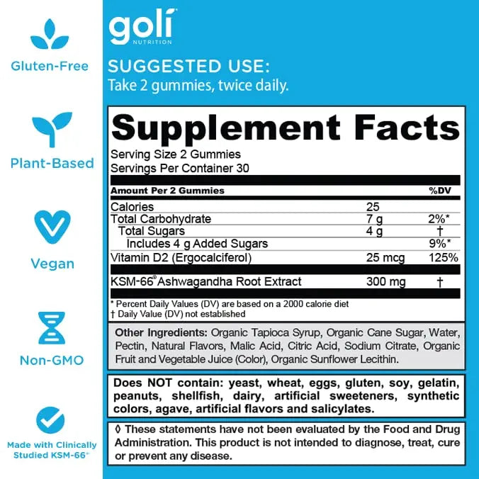 3 Bottles of Goli Ashwagandha & Vitamin D Gummy - Mixed Berry, KSM-66, Vegan, Plant Based, Non-GMO, Gluten & Gelatin Free