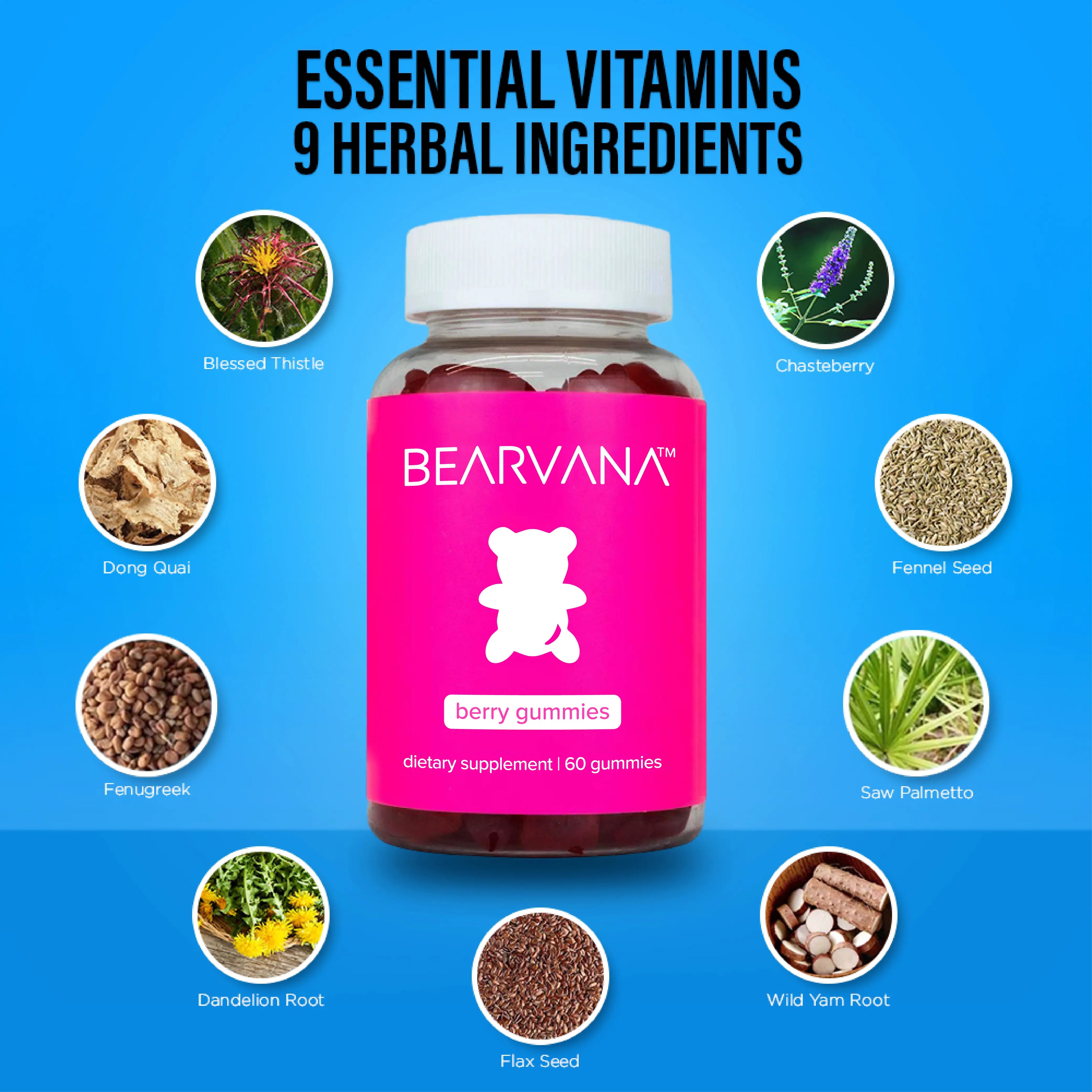 BEARVANA All‑In‑One Women’s Wellness Gummies | Multivitamin A C E B6, 9 Herbal Ingredients, Berry Flavor 60 Count 1‑Month Supply
