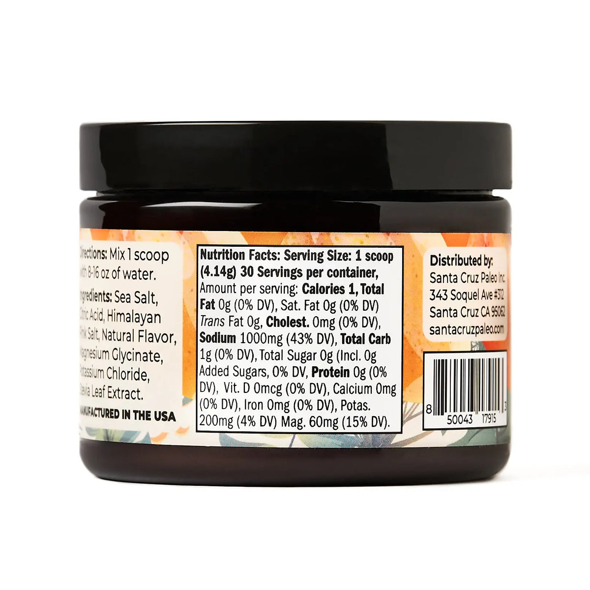 Santa Cruz Paleo Electrolyte Powder - 124g - Flavored, Sugar Free Hydration Drink Mix with Himalayan Pink Salt, Sea Salt, Magnesium Glycinate, Potassium Chloride, Sweetened with Stevia