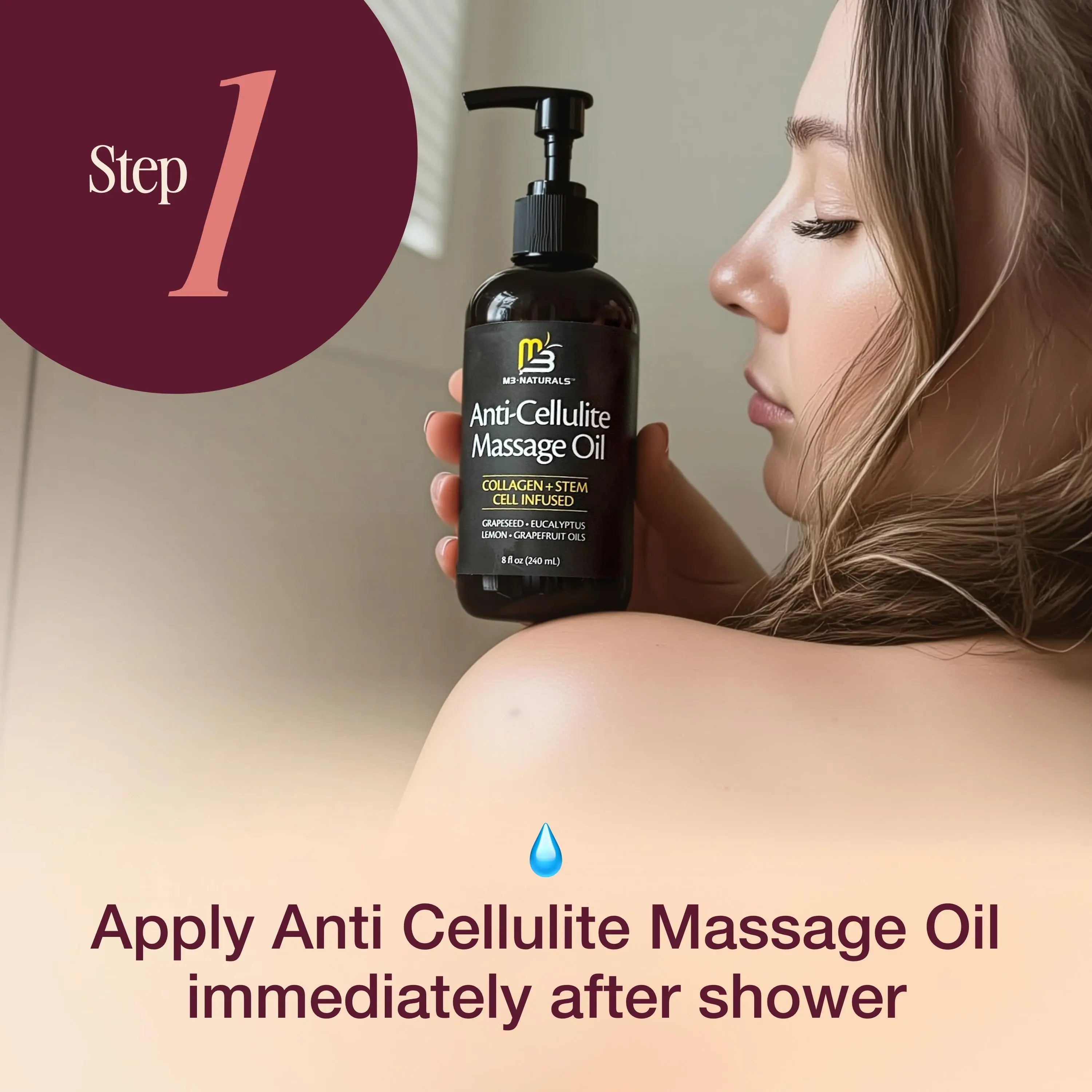 M3 Naturals Cellulite Massage Oil 8oz - Smooth the Appearance of Cellulite - Body Care & Skin Care Massage Oil - Topical Collagen and Plant Stem Cell Body Oil to Restore Texture and Elasticity - Soothing Body Oil Moisture Hydrating