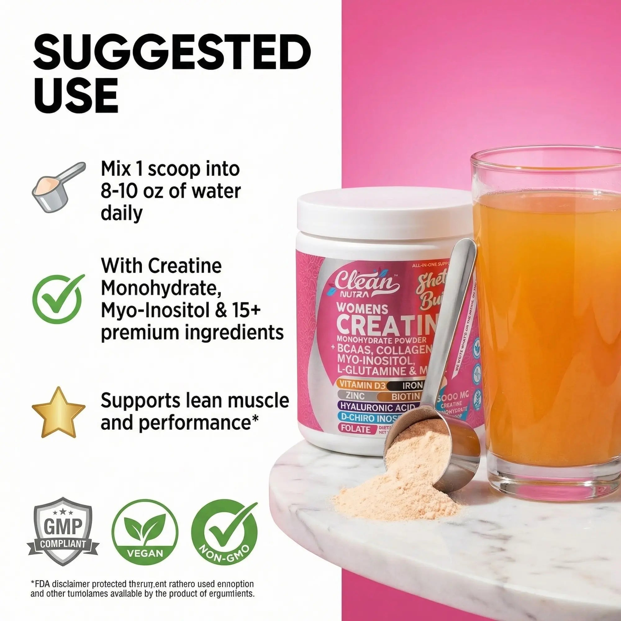 Clean Nutra Women's Creatine Monohydrate Powder with BCAAs, Collagen, Myo-Inositol, L-Glutamine, & More for Optimal Wellness & Beauty Support – Shelf Builder