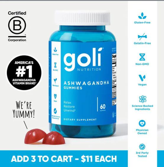 3 Bottles of Goli Ashwagandha & Vitamin D Gummy - Mixed Berry, KSM-66, Vegan, Plant Based, Non-GMO, Gluten & Gelatin Free