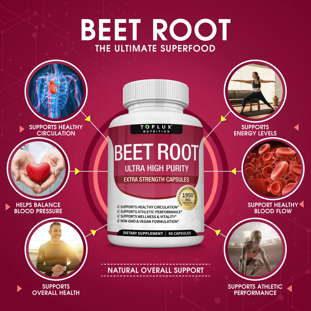 Organic beet root capsules - beetroot for blood flow and circulation, energy and overall health
