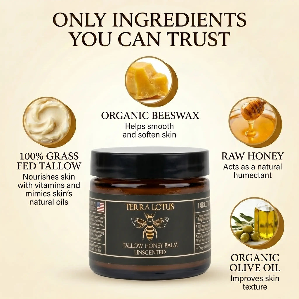 Organic Grass-Fed Beef Tallow Balm with Raw Honey - Handmade All-Natural Moisturizer for Soft, Smooth, Radiant Skin