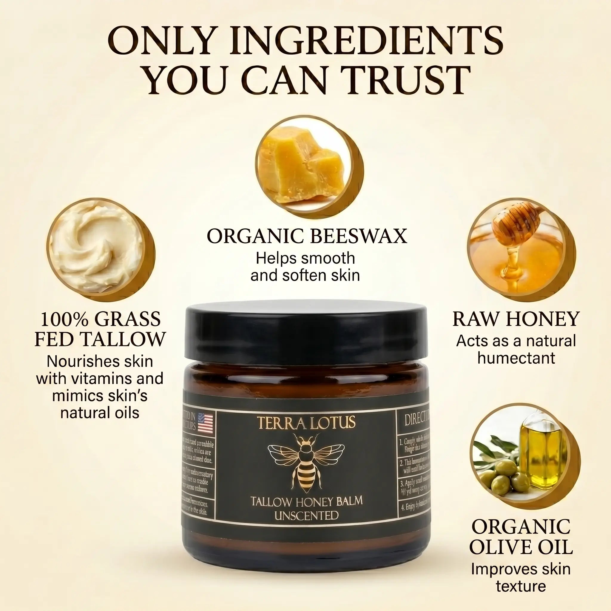 Organic Grass-Fed Beef Tallow Balm with Raw Honey - Handmade All-Natural Moisturizer for Soft, Smooth, Radiant Skin
