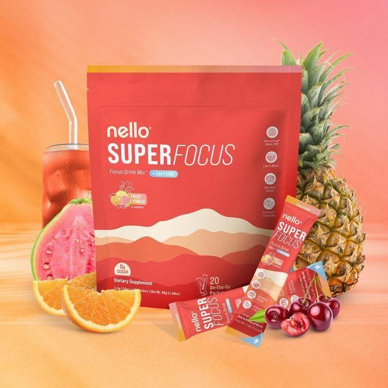 Nello Superfocus – Nootropic Drink Mix with Lion’s Mane, Rhodiola & Alpha-GPC – Supports Memory, Brain Health & Mental Stamina, Enhances Clarity & Sharpness, Helps Fight Brain Fog – Travel Packets (20 Servings) Healthcare Convenient
