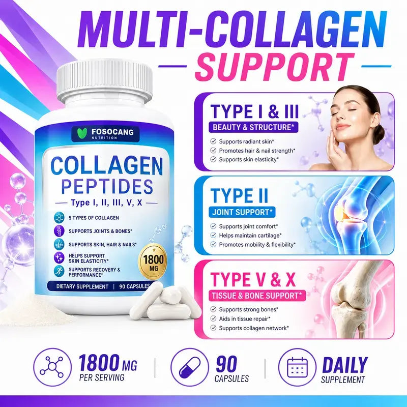 FoSoCang Multi Collagen Peptides Complex Supplement - 5-Type Pure Collagen, 1800mg Nutrition Capsules, 90-Count for Youthful Hair & Nail Care, 24-Month Shelf Life Health Beauty Dietary Supplement