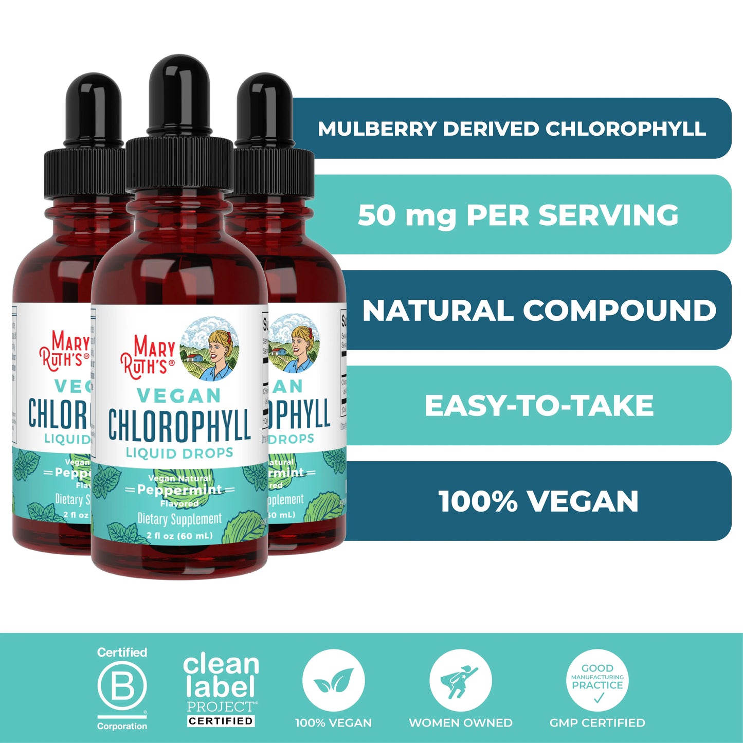 MaryRuth's Vegan Chlorophyll Liquid Drops - Non-Diluted Liquid Chlorophyll - Mulberry Derived Supplement - Non-GMO - Delicious Minty Flavor - 2 Fl Oz