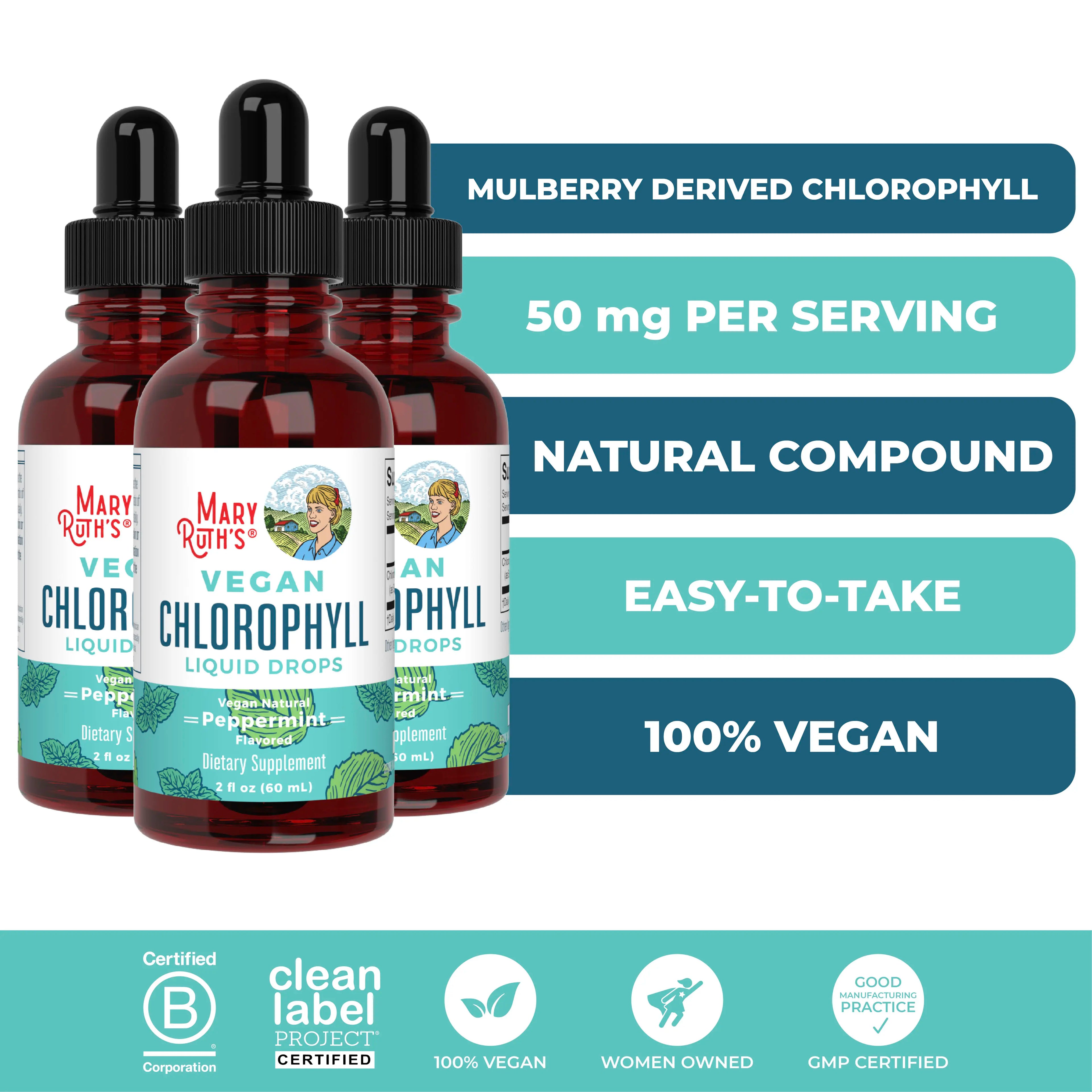 MaryRuth's Vegan Chlorophyll Liquid Drops - Non-Diluted Liquid Chlorophyll - Mulberry Derived Supplement - Non-GMO - Delicious Minty Flavor - 2 Fl Oz