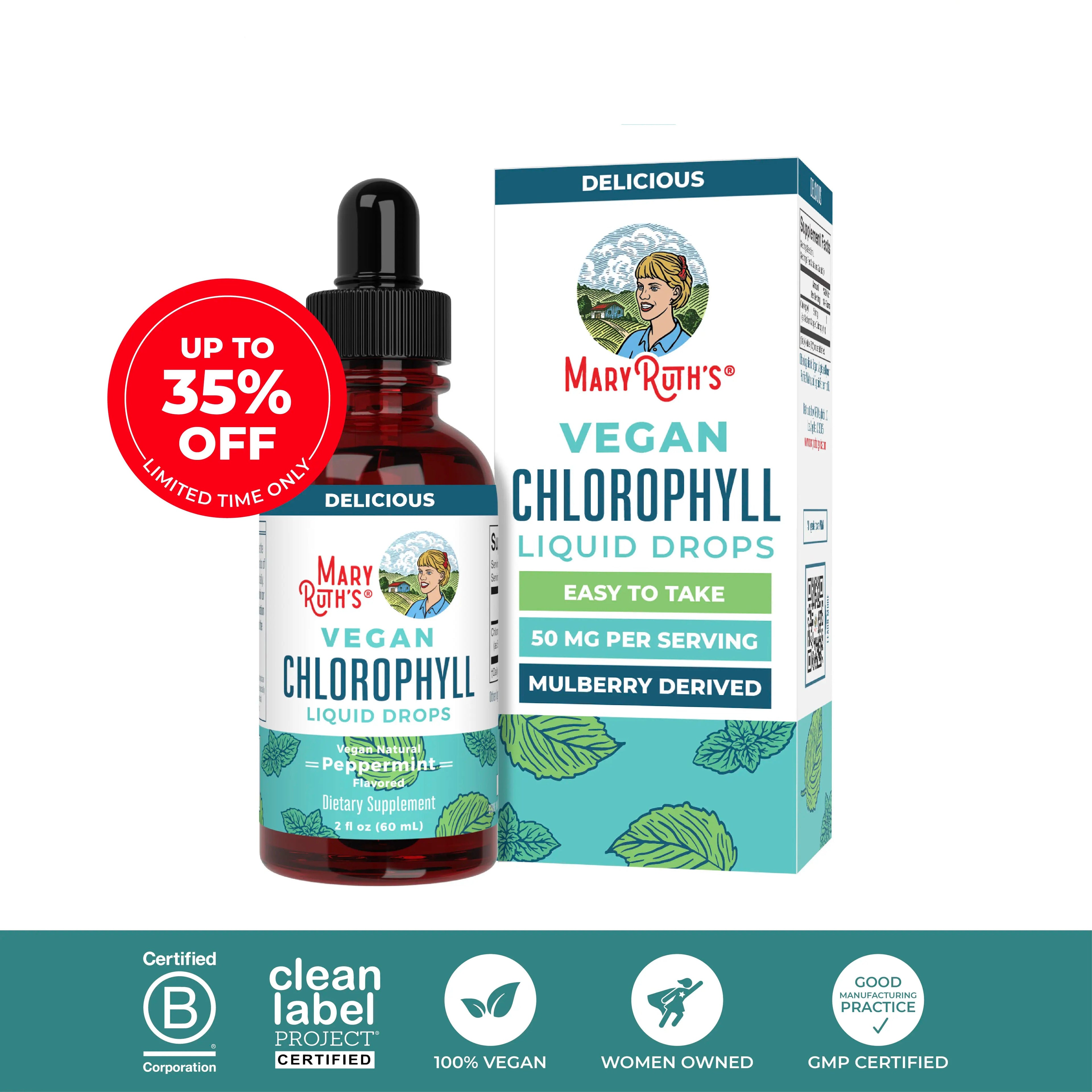 MaryRuth's Vegan Chlorophyll Liquid Drops - Non-Diluted Liquid Chlorophyll - Mulberry Derived Supplement - Non-GMO - Delicious Minty Flavor - 2 Fl Oz