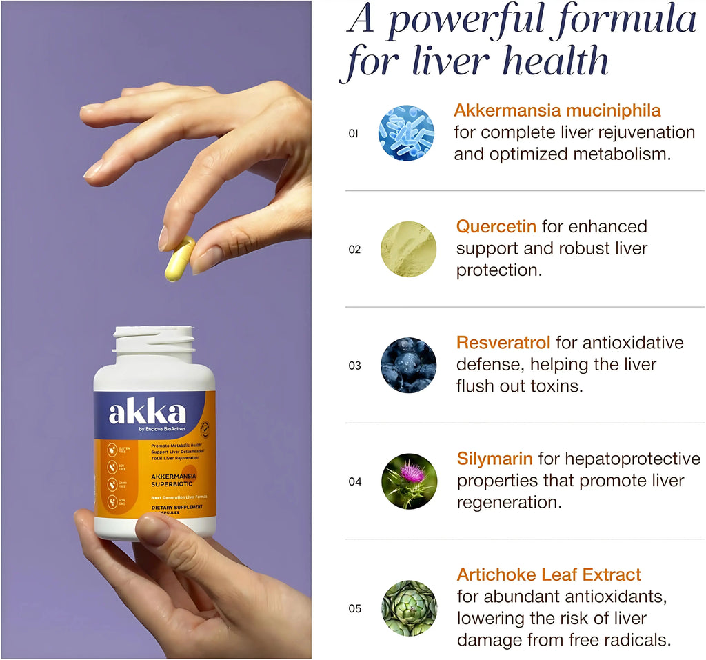 AKKA - Akkermansia Probiotic Liver Cleanse Detox & Repair - Liver Health Supplement for Energy, Digestion & Metabolism with Akkermansia Muciniphila (AKKA Superbiotics), Non-GMO, Gluten-Free, 60 Caps