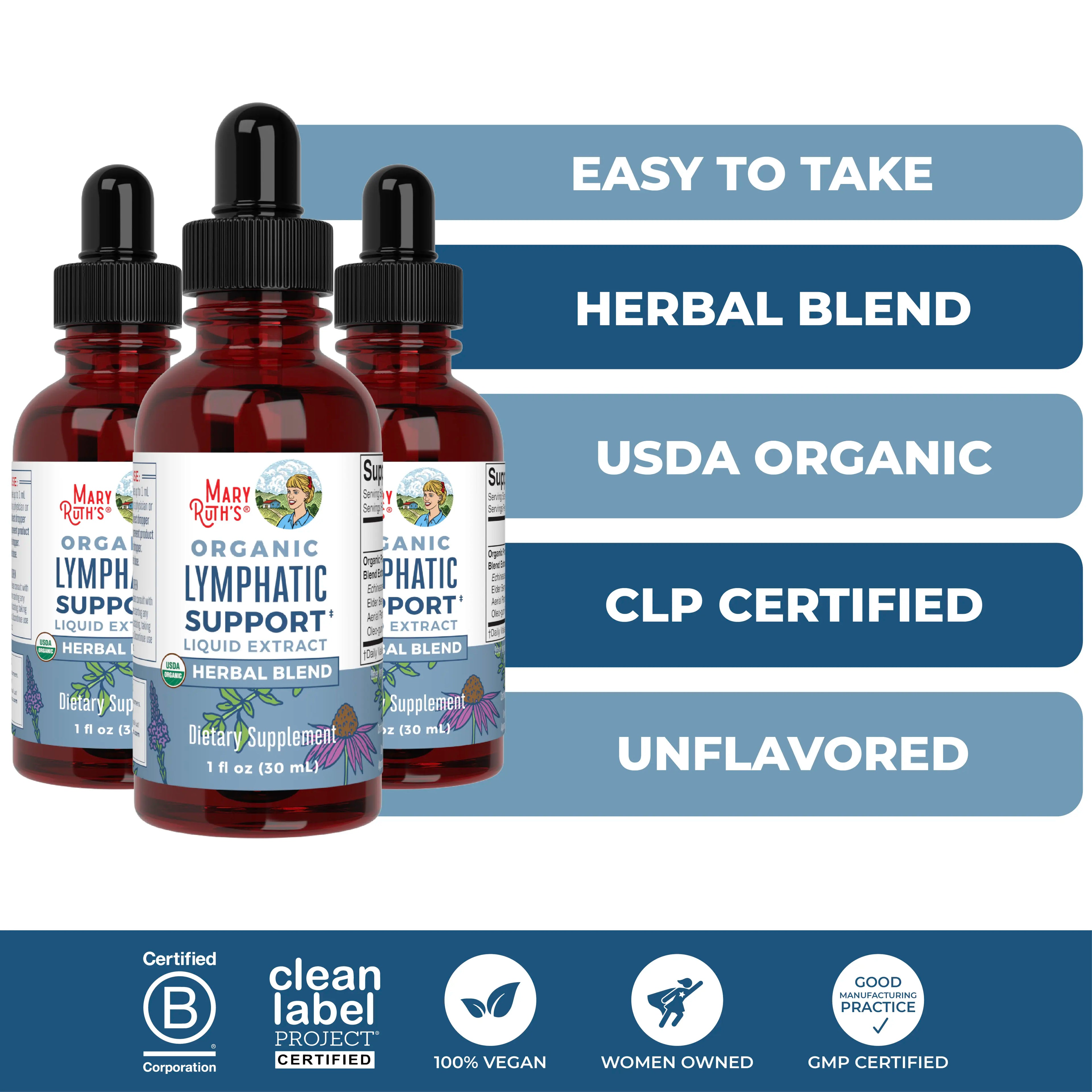 MaryRuth's Lymphatic Support Herbal Blend Liquid Drops - USDA Organic - Echinacea & Elderberry - Blue Vervain - Vegan - 30 Servings