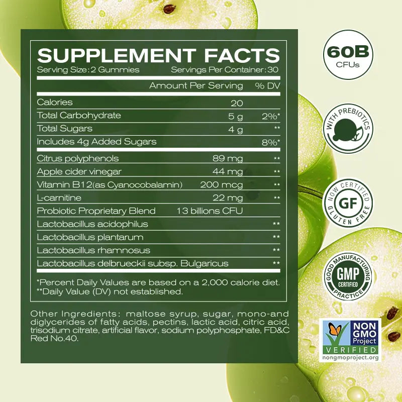 Apple Cider Vinegar Gummy VitaminsCount - Vitamin B12, Gelatin-Free, Gluten-Free, Vegan & Non-GMO,ACV Supplement | Apple Flavor Optimum Edible Dietary Fitness