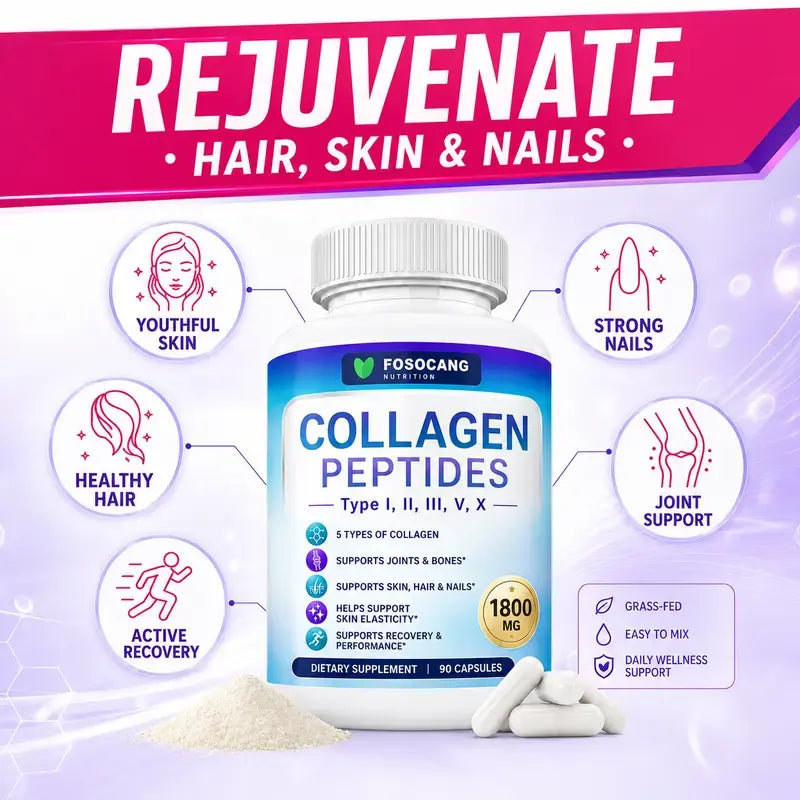 FoSoCang Multi Collagen Peptides Complex Supplement - 5-Type Pure Collagen, 1800mg Nutrition Capsules, 90-Count for Youthful Hair & Nail Care, 24-Month Shelf Life Health Beauty Dietary Supplement