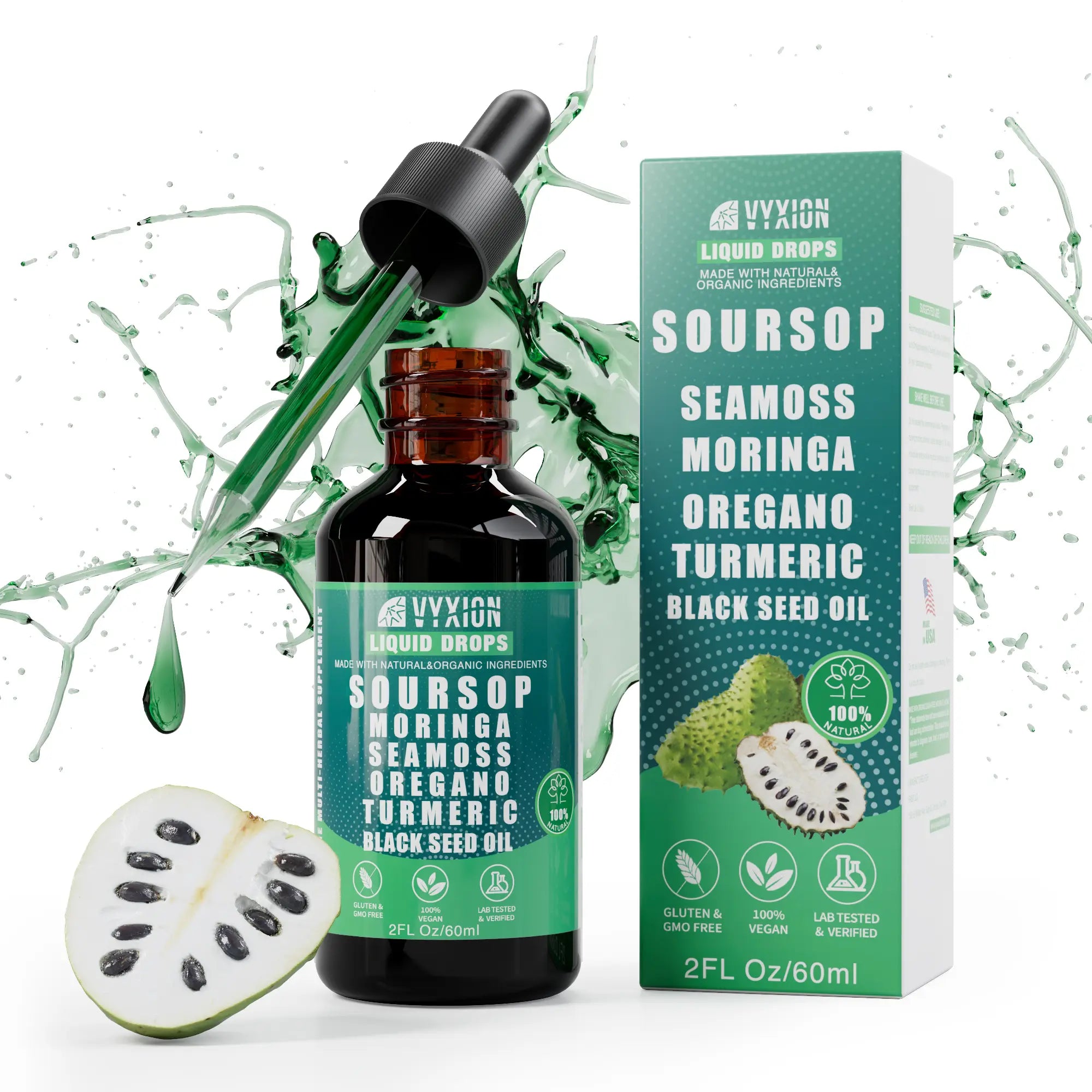 VYXION Pure Soursop 10 in 1 Liquid Drops Extract - Seamoss,Moringa,Black Seed Oil,Turmeric,Oregano Liquid Drops for Immune System and Gut Health Support