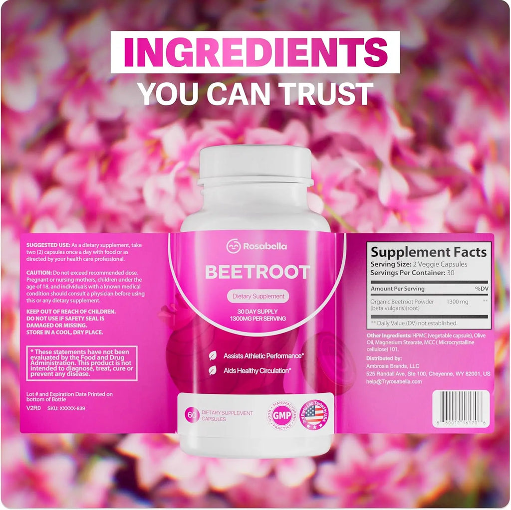 Rosabella Organic Beetroot Capsules (1300mg) for Blood Flow & Heart Health