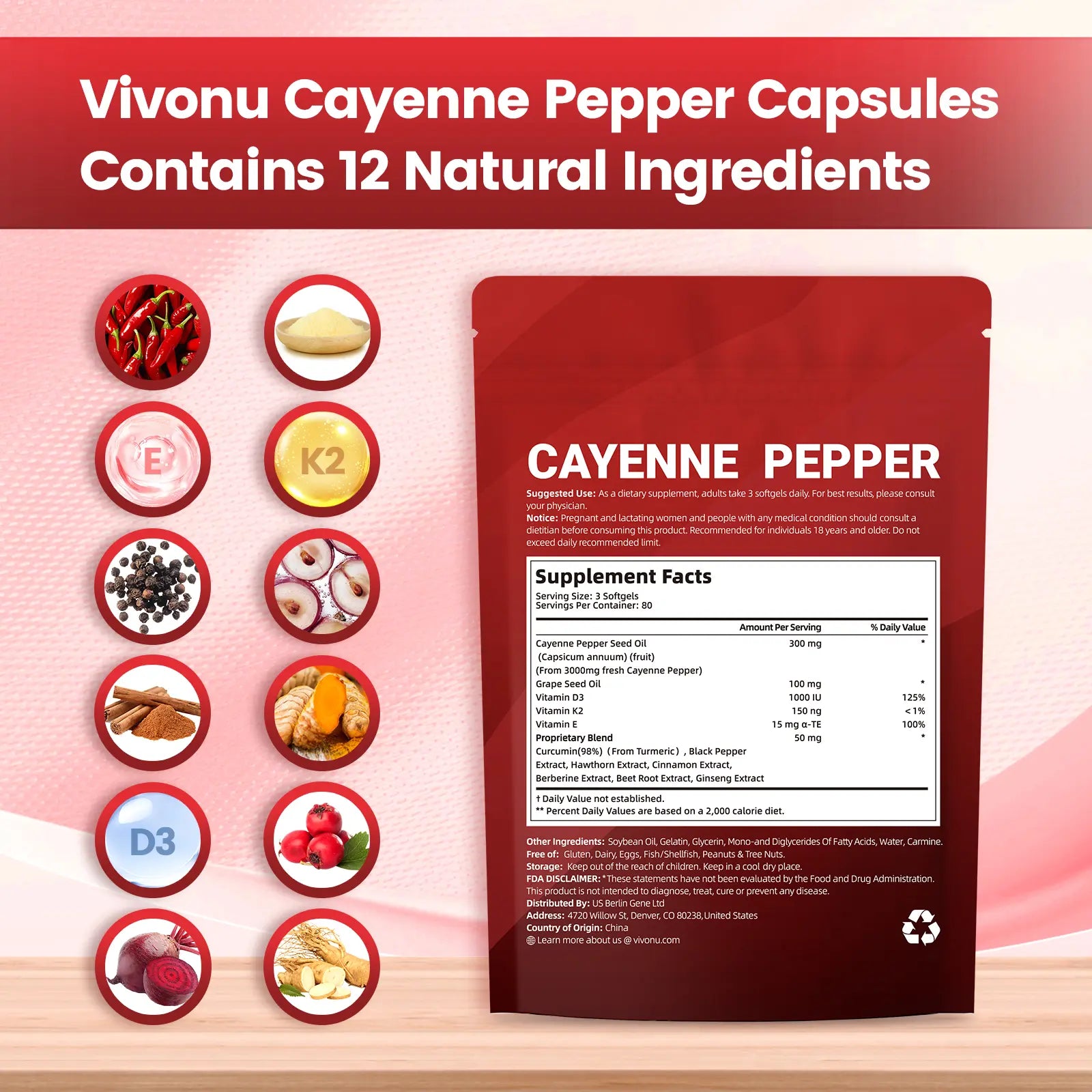 Cayenne Pepper Softgels Supplement, Supports Leg Vein, Heart and Blood Vessel Health, with Vitamin E D3+K2 and Extracts of Grape Seed, Hawthorn, Beetroot and Others (240 Softge /1 Bag)