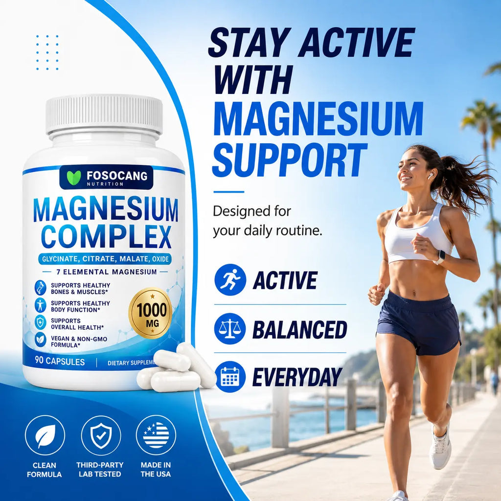 FoSoCang 1000mg 7-Elemental Dietary Magnesium Complex - Non-GMO Multi-Mineral Supplement with Calcium & Vitamin, 90 Capsules for Bone Health, Calming Support & Fitness