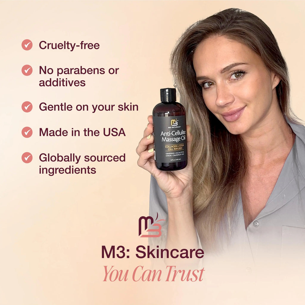 M3 Naturals Cellulite Massage Oil 8oz - Smooth the Appearance of Cellulite - Body Care & Skin Care Massage Oil - Topical Collagen and Plant Stem Cell Body Oil to Restore Texture and Elasticity - Soothing Body Oil Moisture Hydrating