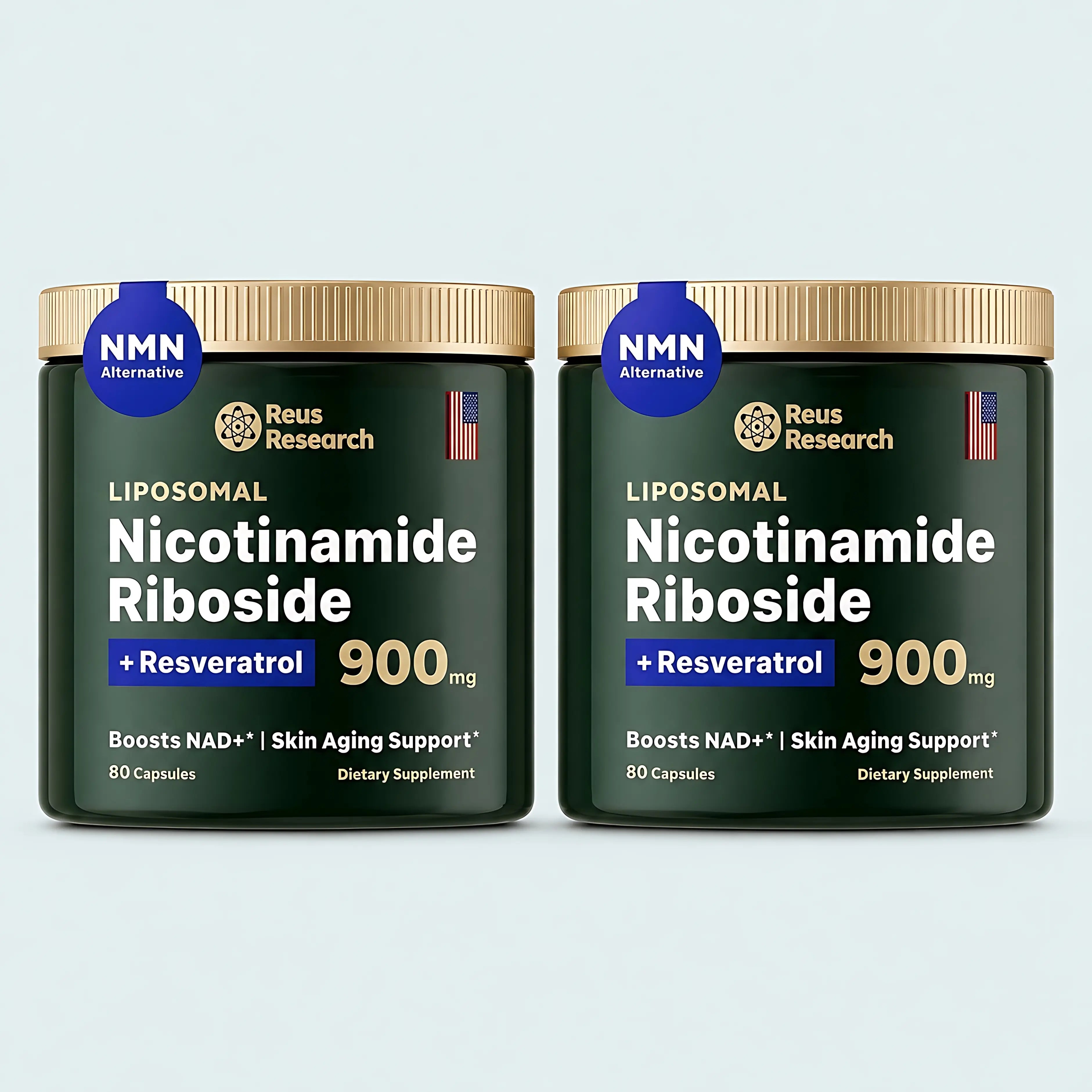 Reus Research NAD+ Nicotinamide Riboside 900mg, Liposomal NAD with Resveratrol, Skin Aging Support Supplement, 80 Capsules