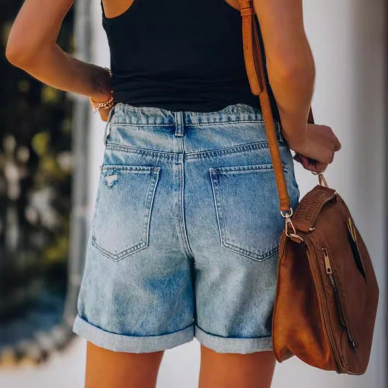2026 Summer Fashion Street Curling Ripped Straight Pants Women's Denim Shorts