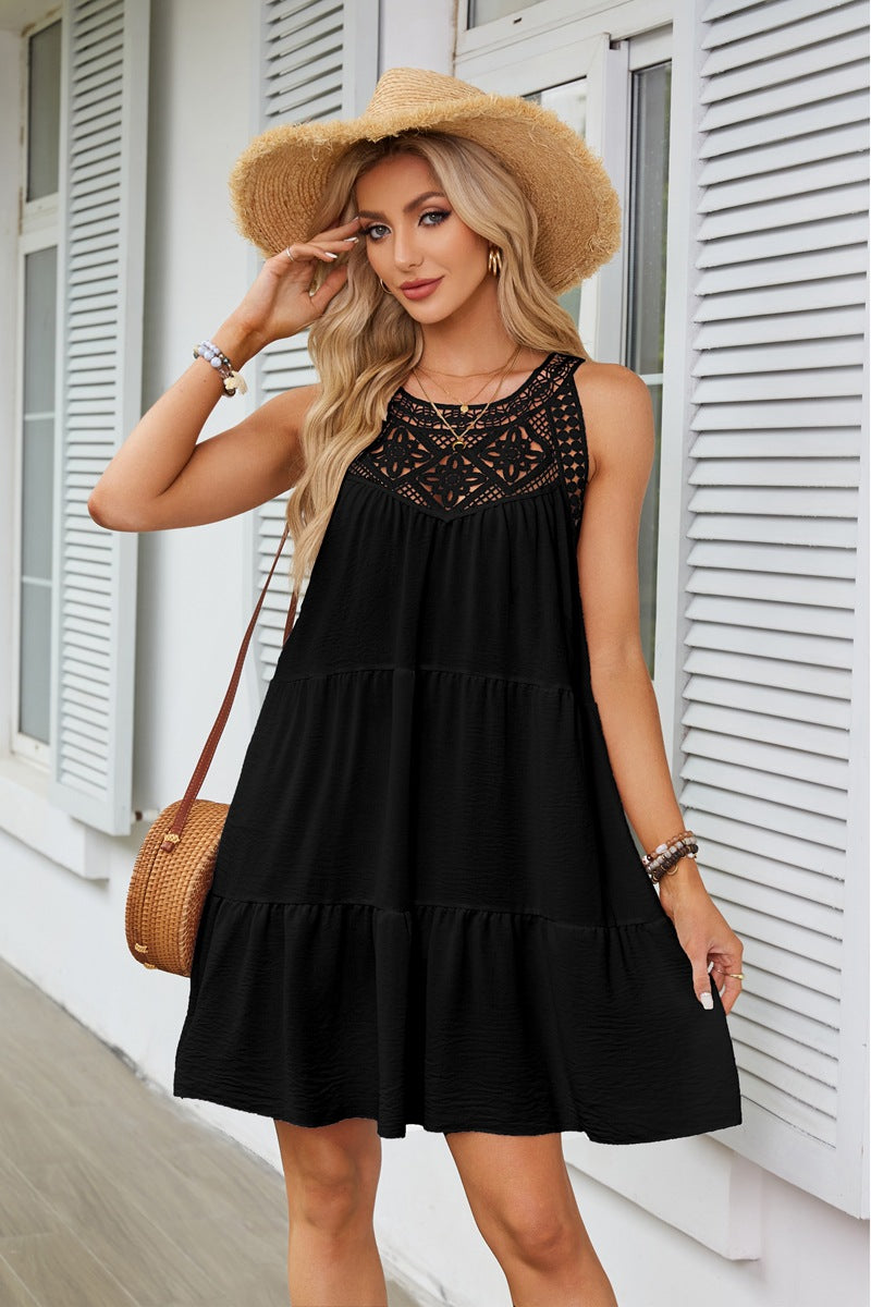 2026 Women's Clothing Spring And Summer Explosion, Hollow Lace Splicing Neck A-Line Dress