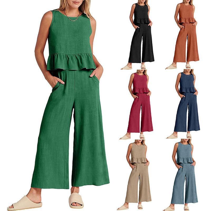 2026 Summer New Women's Sleeveless Pleated Vest Wide-Leg Nine-Point Pants Casual Suit