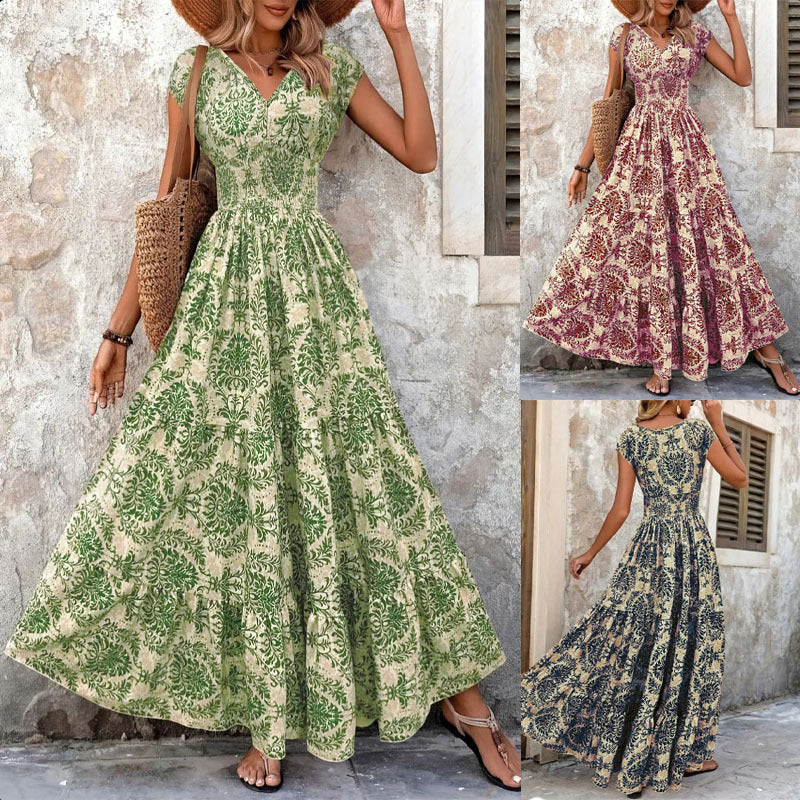 2026 retro print dress fashionable and elegant V-neck short-sleeved dress long dress women's clothing