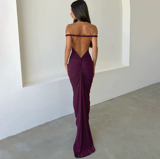 2026 spring new sexy neck halter solid color long dress loose A word dress