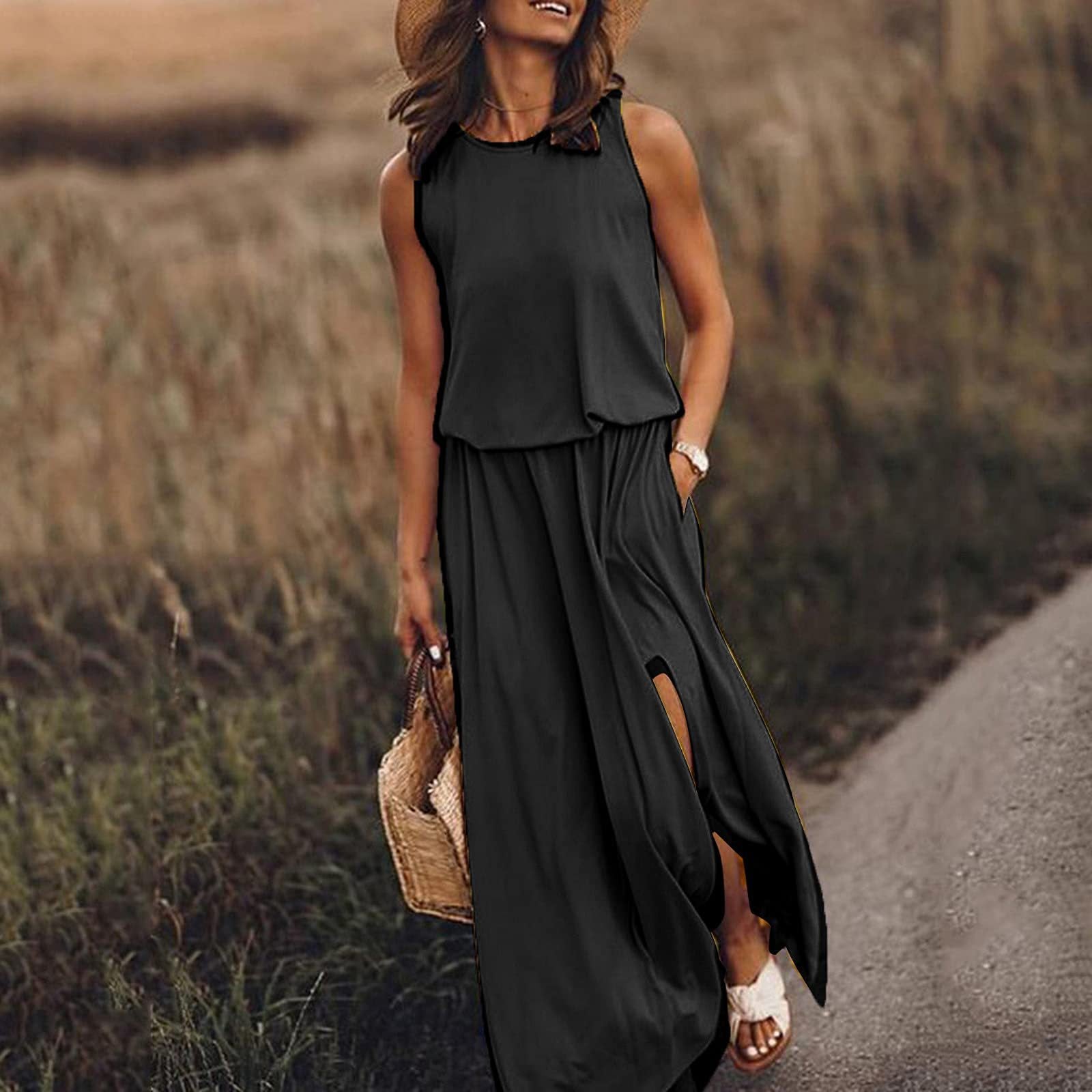 2026 Summer New European And American Women's Clothing Round Neck Sleeveless Split Hem Multi-Color Solid Color Long Dress