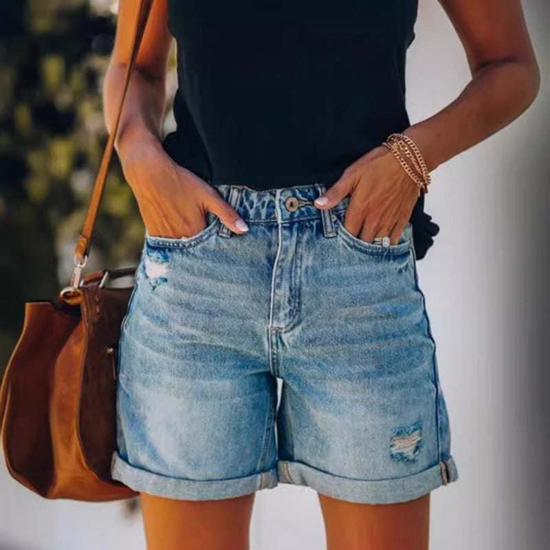 2026 Summer Fashion Street Curling Ripped Straight Pants Women's Denim Shorts