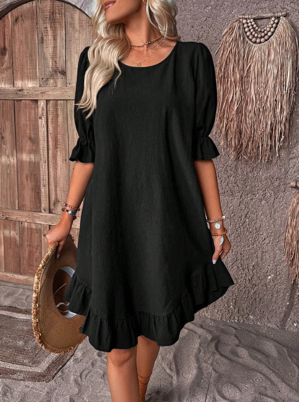 2026 spring and summer European and American women's clothing retro cotton and linen medium-sleeved round neck solid color loose pendulum dress