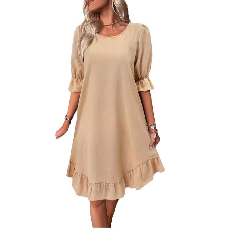 2026 spring and summer European and American women's clothing retro cotton and linen medium-sleeved round neck solid color loose pendulum dress