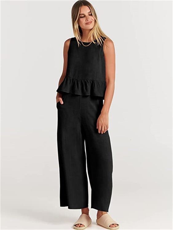 2026 Summer New Women's Sleeveless Pleated Vest Wide-Leg Nine-Point Pants Casual Suit