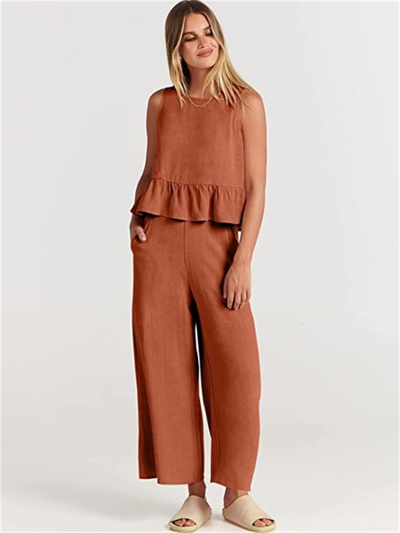 2026 Summer New Women's Sleeveless Pleated Vest Wide-Leg Nine-Point Pants Casual Suit