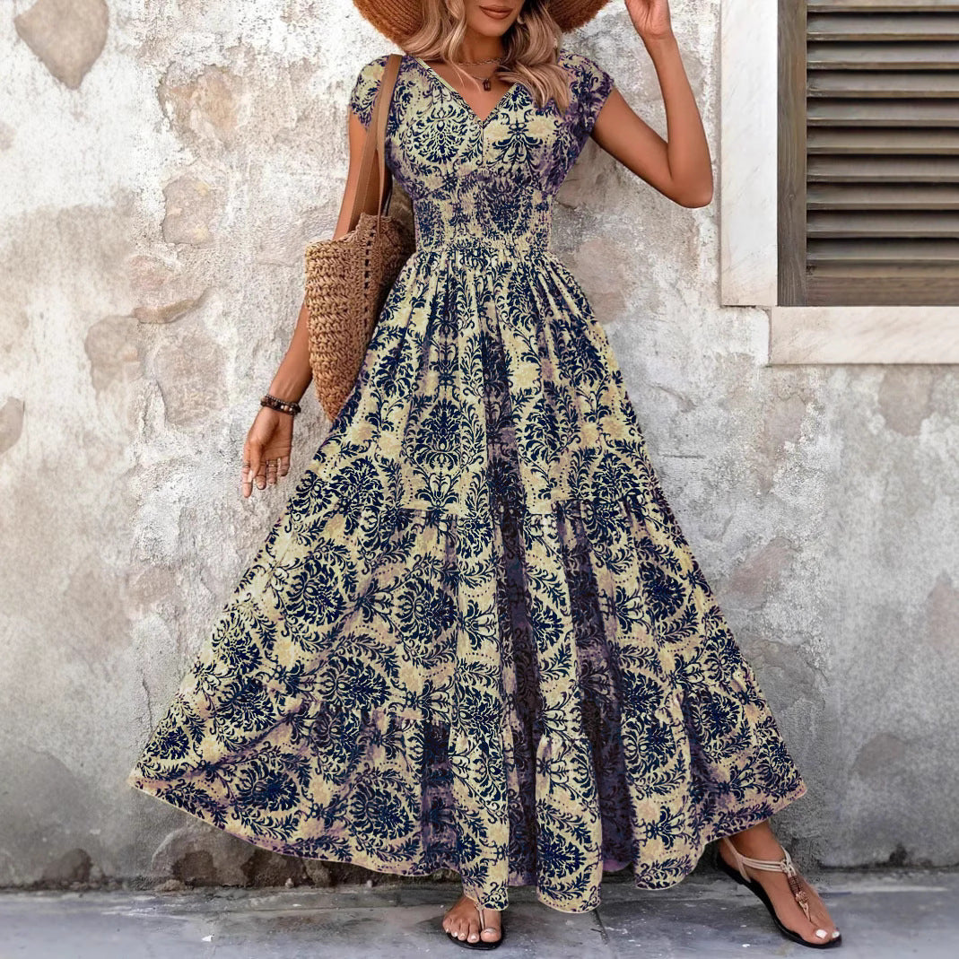 2026 retro print dress fashionable and elegant V-neck short-sleeved dress long dress women's clothing