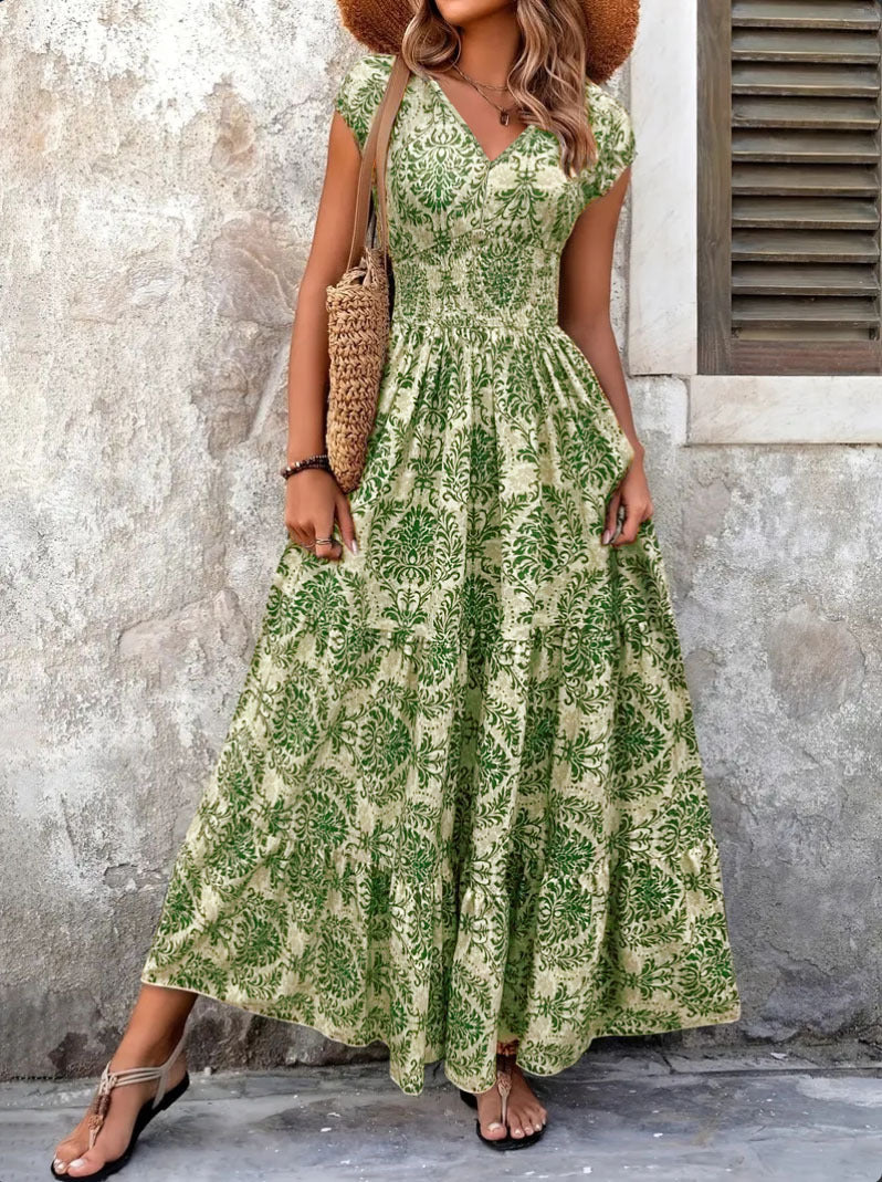 2026 retro print dress fashionable and elegant V-neck short-sleeved dress long dress women's clothing