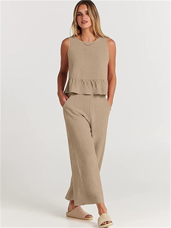 2026 Summer New Women's Sleeveless Pleated Vest Wide-Leg Nine-Point Pants Casual Suit