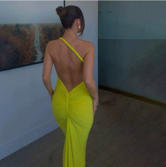 2026 spring new sexy neck halter solid color long dress loose A word dress