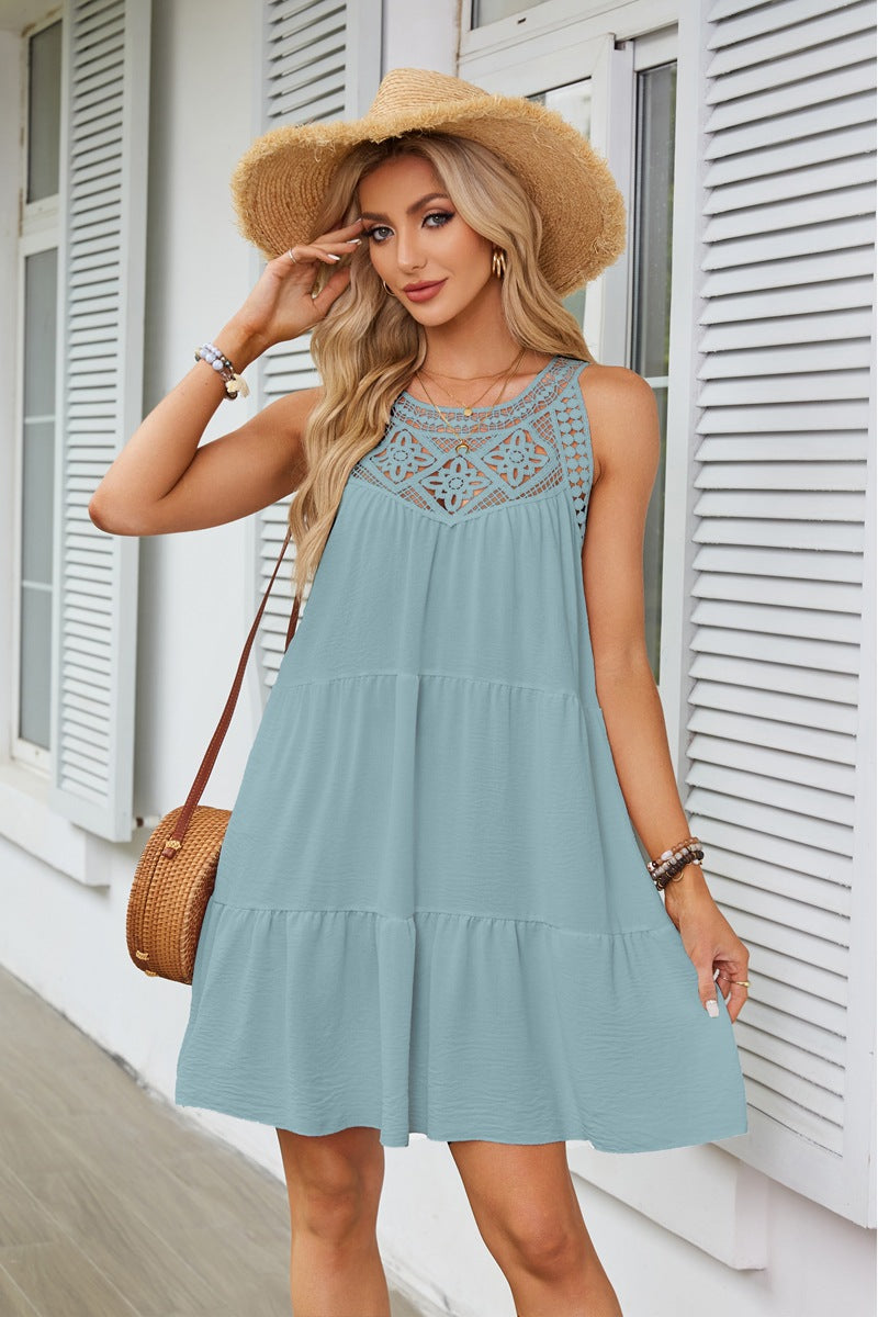2026 Women's Clothing Spring And Summer Explosion, Hollow Lace Splicing Neck A-Line Dress