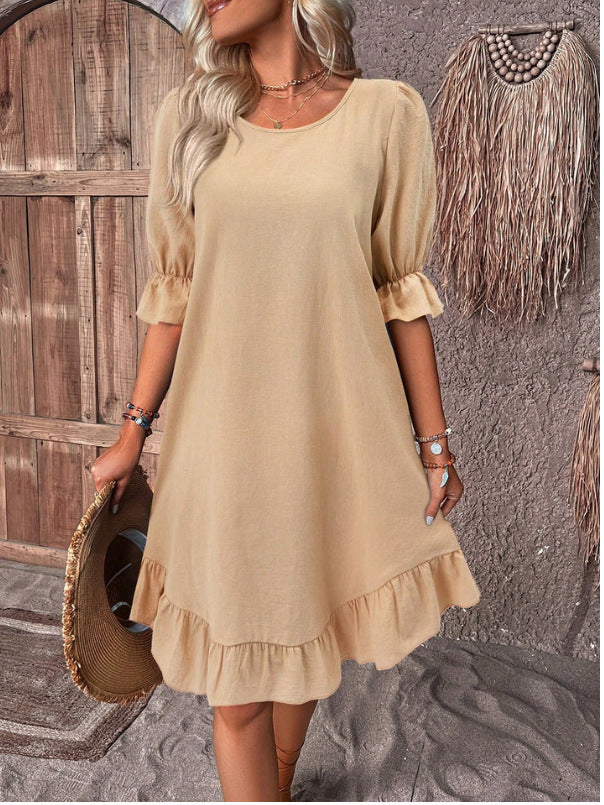 2026 spring and summer European and American women's clothing retro cotton and linen medium-sleeved round neck solid color loose pendulum dress