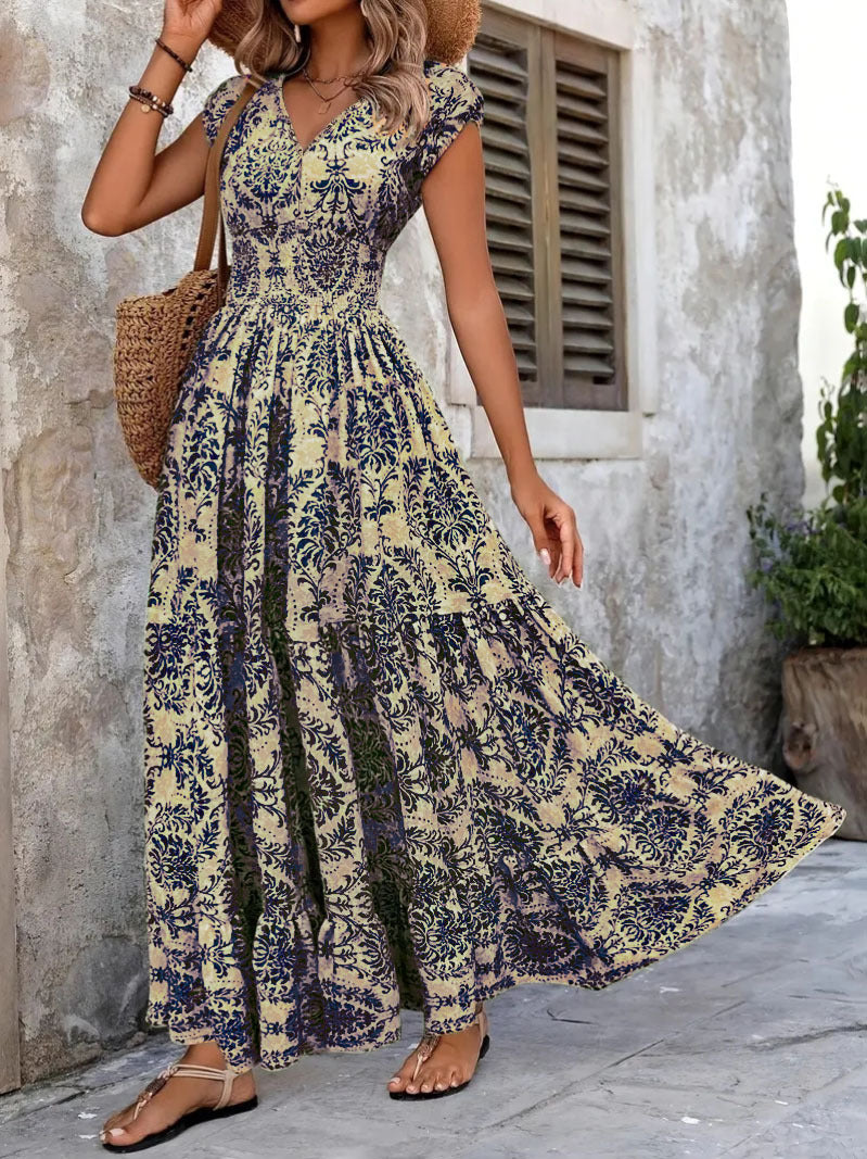 2026 retro print dress fashionable and elegant V-neck short-sleeved dress long dress women's clothing