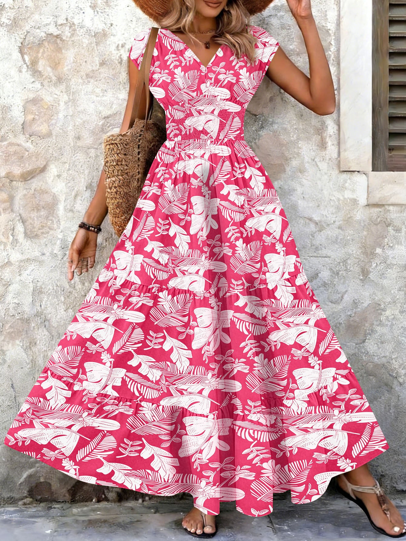 2026 retro print dress fashionable and elegant V-neck short-sleeved dress long dress women's clothing