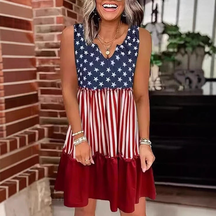 2026 European and American new American retro star-spangled flag printed sleeveless V-neck loose dress