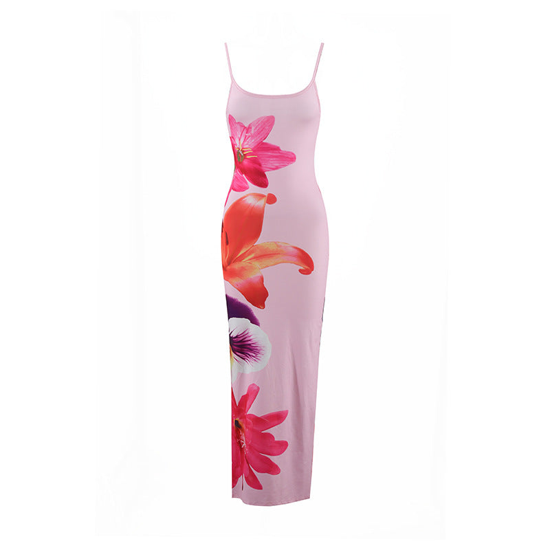 2026 Summer Women's New Sexy Suspender Flower Print Slim-Fitting Long Dress