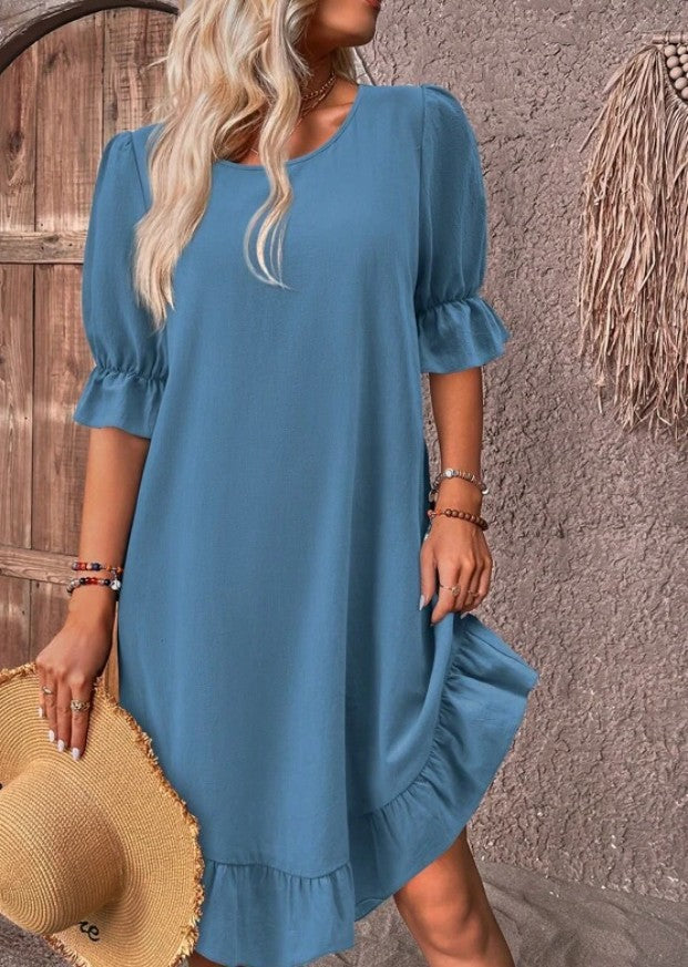 2026 spring and summer European and American women's clothing retro cotton and linen medium-sleeved round neck solid color loose pendulum dress