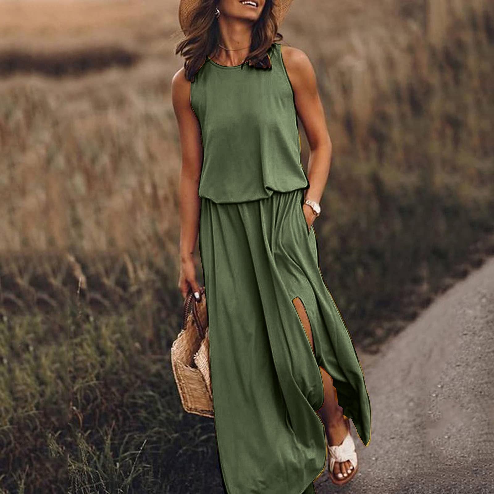 2026 Summer New European And American Women's Clothing Round Neck Sleeveless Split Hem Multi-Color Solid Color Long Dress